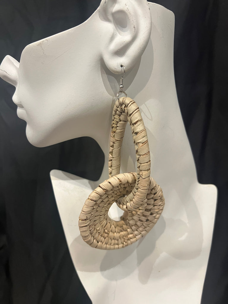 Beige Circle Straw Earrings